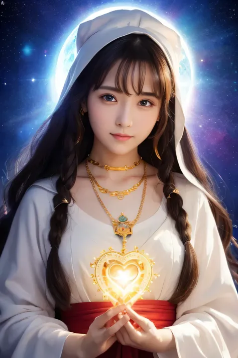 Cute priestess, beautiful and divine jewel in the shape of a big shining heart in her hand, divine background,
