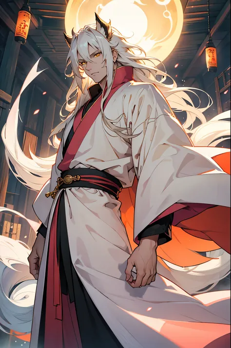  a beautiful kitsune male(white and pink fur, yellow eyes, very long hair, furry tail), furry art, style picture of a man , handsome anime pose, soft lighting, flowing yellow and orange robes, flowing hair and long robes, white haired deity, wearing a flow...