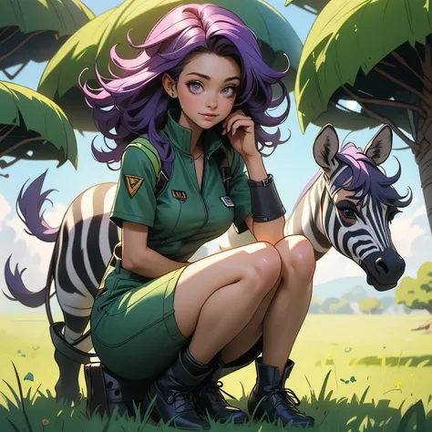 (masterpiece), best quality, 1girl, expressive eyes, perfect face, (purple hair), perfect anatomy, full body, 4k, HDR, full HD, alone, works as a veterinarian in a zoo, wears green veterinary clothes , is sitting on the grass, in the background a group of ...