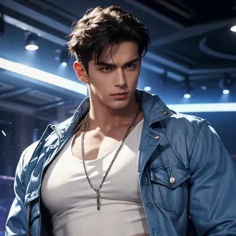 men in the party,handsome,black messy hair,big muscle,sexy cloth,croptop,net croptop,jacket,LV cloth,white net tank-top over with blue LV jeans-jacket,nightclub