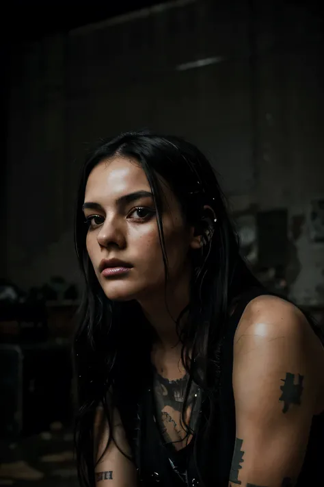 a young woman with long black hair and small breasts, wearing worn-out punk clothing, in a rundown room,1girl,beautiful detailed face,beautiful detailed eyes,beautiful detailed lips,punk fashion,rundown interior,moody lighting,dark colors,grungy aesthetic,...