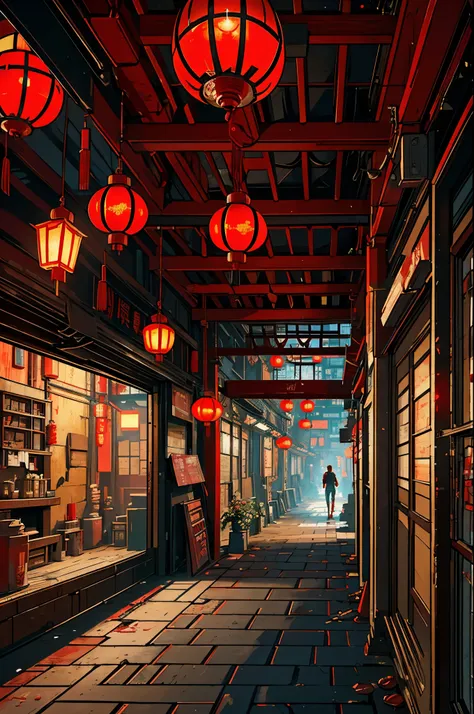 here are many red lanterns hanging from the ceiling of a building, china town blade runner, Ancient cyberpunk 8k resolution, kowloon walled city style, kowloon walled city, cyberpunk alley, cyberpunk back alley, dreamy chinese town, cyberpunk chinese ancie...