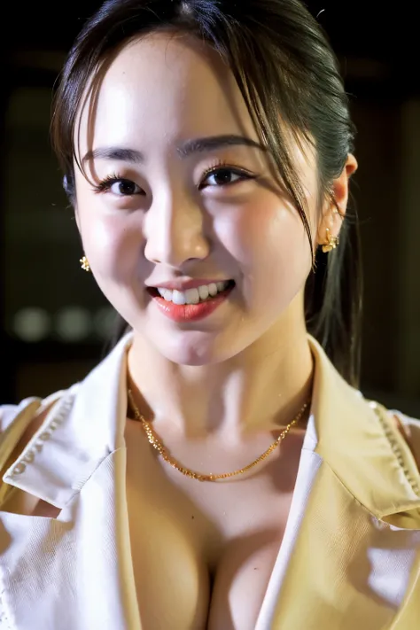 ((best quality)), ((masterpiece)), (detailed), 1girl, sexy,　(SFW:1.0), (Japanese woman politician), real skin, mole under eye, smile, (big breasts:1.3), (sagging breasts:1.0), (cleavage:1.1), necklace, earrings, politician jacket, suit, (background: in par...