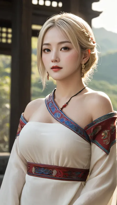 (Ultra-realistic)、Ancient Priestess、のFemale Shaman、
Scalability　Beauty　High resolution　High resolution　Realistic　short hair　blonde、　blondeの女性、Mature Woman、Middle-aged women、(((非常にBig cleavage)))、Detailed skin texture、超High resolution、Realistic、Voluptuous p...