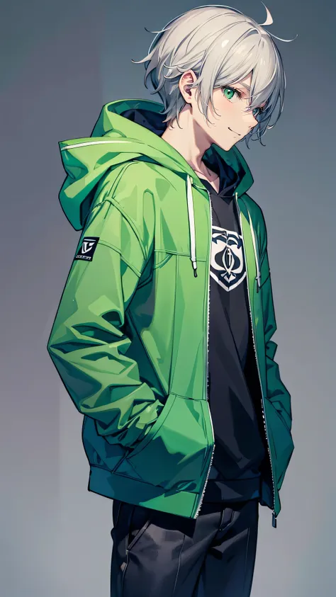  Anthropomorphic humanoid frog dressed in modern clothing, hoodie, male、Gray Hair、smile,Simple Background, Character Portrait,Mature,green,profile