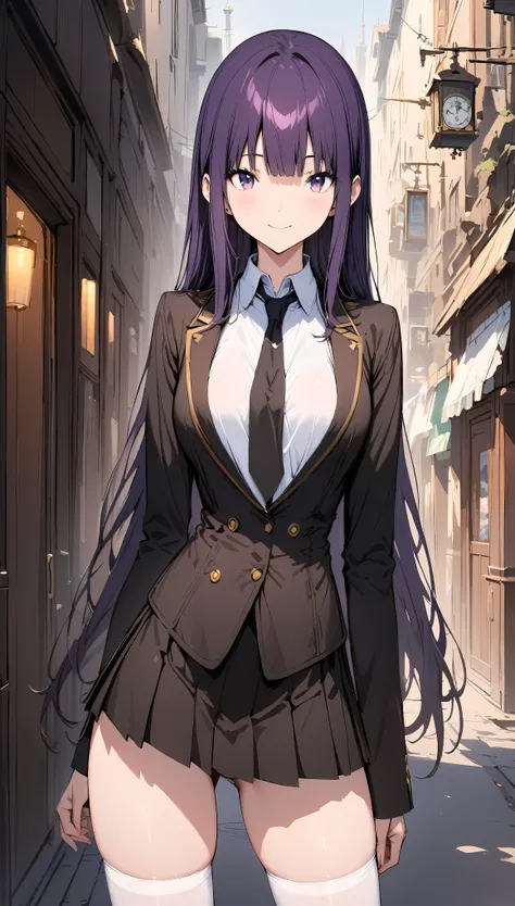 ((masterpiece,Best Quality:1.3,best quality illustrations)),cowboy shot,portrait,1woman,young adult,long hair,purple hair,small head,long bangs between eyes,dark purple eyes,(gorgeous eyes), smile,long body,medium breasts,(military uniform black blazer,Whi...