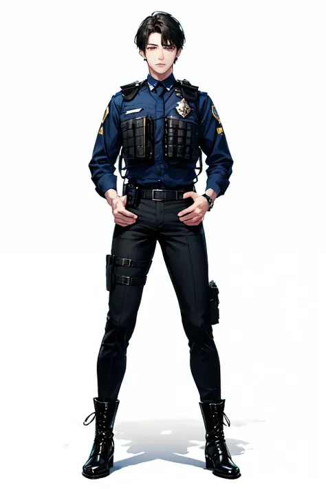 (Police, Best Quality, Detailed, Adult, Mature), (Full Body, Perfect Hands), Male, Alone, Piercing, Golden Eyes, Black Hair, Straight Hair, Short Hair, Sheriff Uniform, Bulletproof Vest, Black Pants, Boots, ((White Background)), 