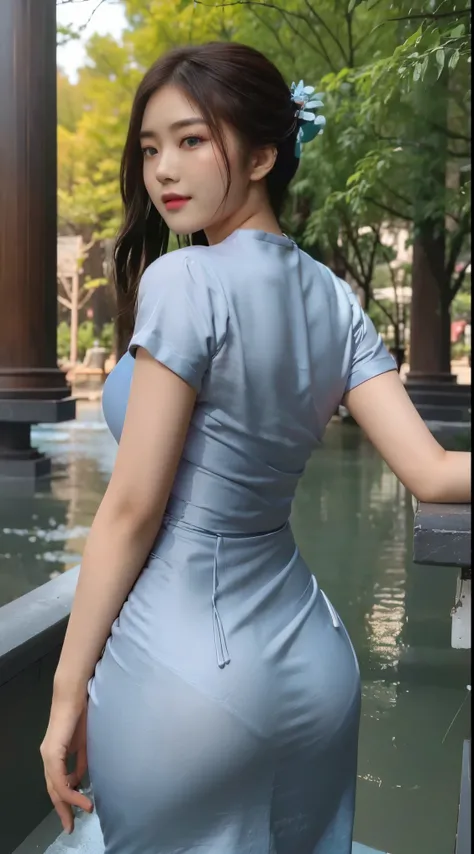 (best quality,4k,highres:1.2),ultra-detailed,realistic, cinematic,asian woman,beautifully fit body, perfect eyes,aqua hair, up hairstyle,body tight pink dress,walking,viewed from behind,perfect ass,forest, laughing,trees,highly detailed,bokeh,professional,...