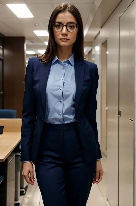 Woman wearing glasses with blue suit, Dark blue trousers in a corporate environment