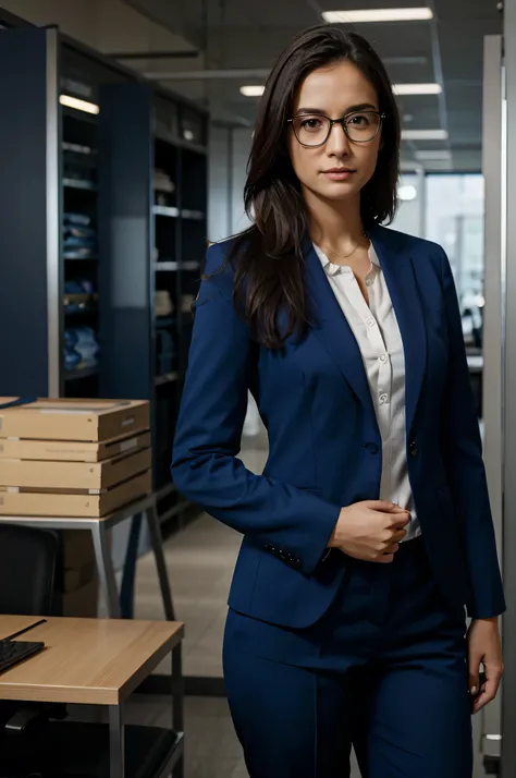 Woman wearing glasses with blue suit, Dark blue trousers in a corporate environment