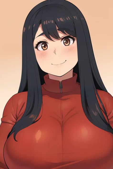 chubby 2 big boobs black hair brown eyes happy long messy hair smile blushing deredere