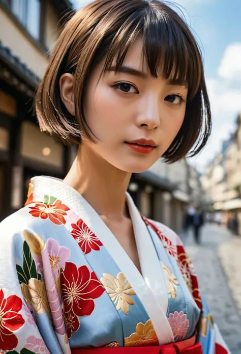 (Best Quality, 16k, masterpiece: 1.3)), 1 girl, (Sharp focus:1.2), (Beautiful woman with perfect figure:1.4), (Slim Abs:1.2), (((Short Bob Hair)), ((small: 1.4)), ((Beautiful Face Idol: 1.3)), (wearing kimono:1.5)), Highly detailed face and skin texture, F...