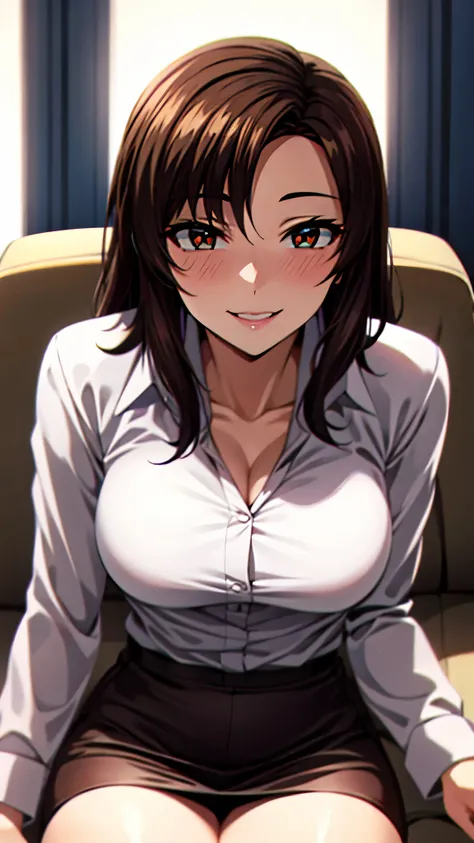 （（super high quality,Ultra-high resolution,16k,super masterpiece,Ultra HD ,Detailed shading,））One sexy mature woman,（A light pink shirt with an open collar,Folded sleeves,Red pencil skirt,）Thick lips,Lewd smile,blush,Sitting on a sofa in the setting sun,