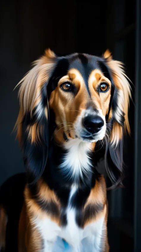 shy black and tan saluki, (epic, fantastic, dramatic lighting), perfect eyes, gold eyes, portrait, solo, dark background, blurre...