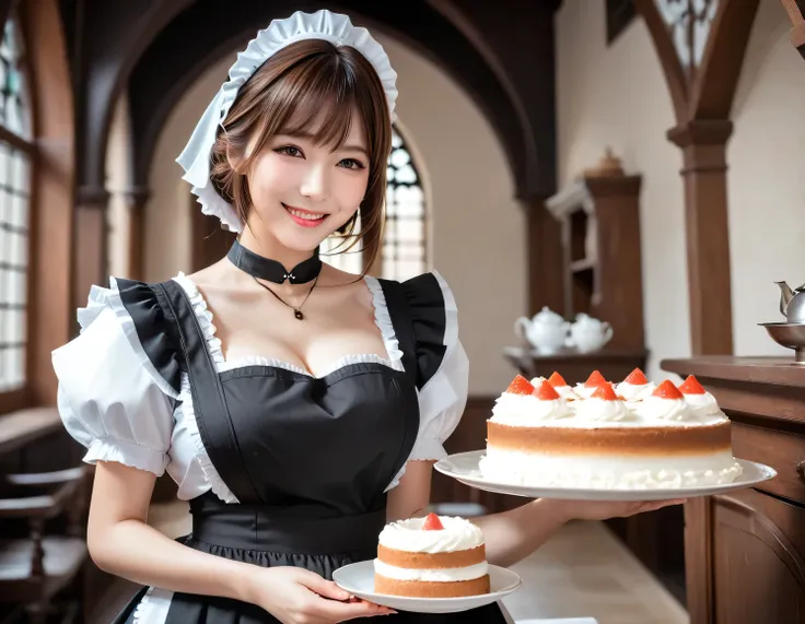 Score_9, Score_8, Score_8upScore_7, Best Quality、masterpiece、group、((Cute maid outfit)), ((Layered Haircut)), Slim body, Slim face, Big Breasts（8k，Best Quality），Shooting from a medium distance,  Adorable， smile，Perfect hands，Black choker、Almond Eye、bangs, ...