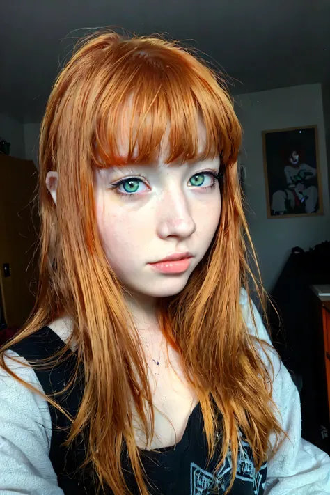 there is a young girl with red hair and a black shirt, orange glowing hair, kawaii realistic portrait, cute natural anime face, pale glowing skin, natural soft pale skin, portrait of asuka langley soryu, anime girl in real life, with red hair and green eye...