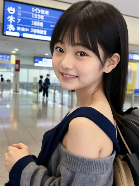 Japanese female elementary school student, airport, smile, , baby face, child, off-shoulder, thin, plain clothes