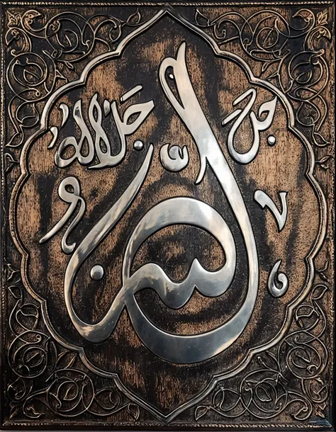 Create an intricate, ultra-high-definition square plaque featuring Arabic calligraphy. The plaque is made from rich, dark wood with a polished, deep brown finish. The surface has a natural grain pattern that enhances the depth and texture of the wood, with...
