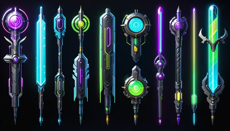 Multiple staff designs displayed in a lineup, showing different configurations and features. Variety of styles ranging from sleek, minimalist to heavily mechanical and detailed. Each staff variation showcasing unique shapes, colors, and functionalities. Gl...