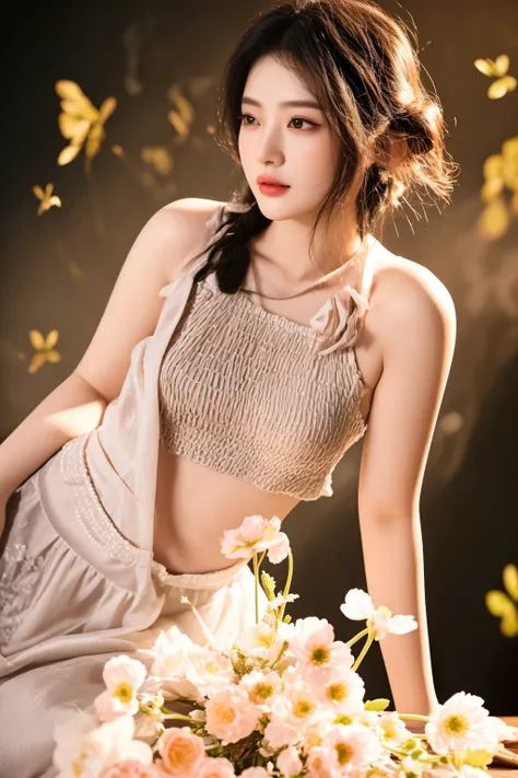 there is a woman sitting on a table with a bouquet of flowers, inspired by Jin Nong, fantasy photoshoot, beautiful maiden, by Leng Mei, inspired by Tang Yifen, gorgeous chinese model, inspired by Lan Ying, sha xi, inspired by Du Qiong, inspired by Chen Yif...