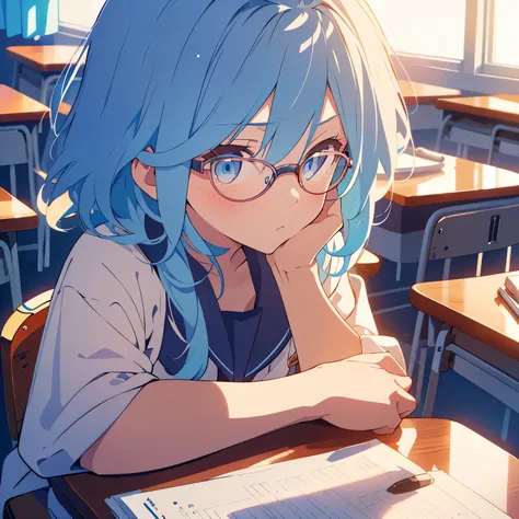 Best Quality, One girl,solo, Genshin Impact,Freena,Blue Hair,Short Hair,masterpiece, from front,rim light,High school girl,blue eyes,smug,classroom,Sit on a chair,textbook,Holding a mechanical pencil,Glasses