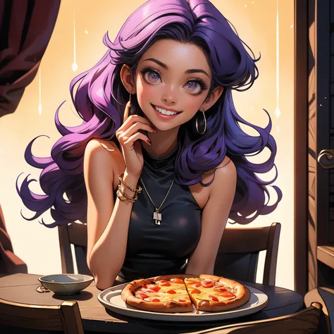 (masterpiece), best quality, 1girl, expressive eyes, perfect face, (purple hair), perfect anatomy, full body, 4k, HDR, full HD, solo, A girl sitting at a table, eating pizza with a relaxed smile. Wear a casual red or black strapless dress, fitted at the wa...