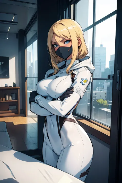 blonde girl with a hood, ninja, sexy tight suit, lost look, loneliness, window, looking at the window, comic style, white suit