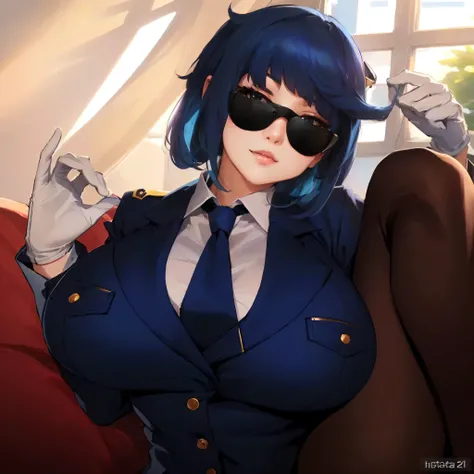 anime character with blue hair and sunglasses sitting on a couch, marin kitagawa fanart, thicc, high quality fanart, (sfw) safe for work, commission for high res, [32k hd]^10, anime moe artstyle, kantai collection style, extremely detailed artgerm, commiss...