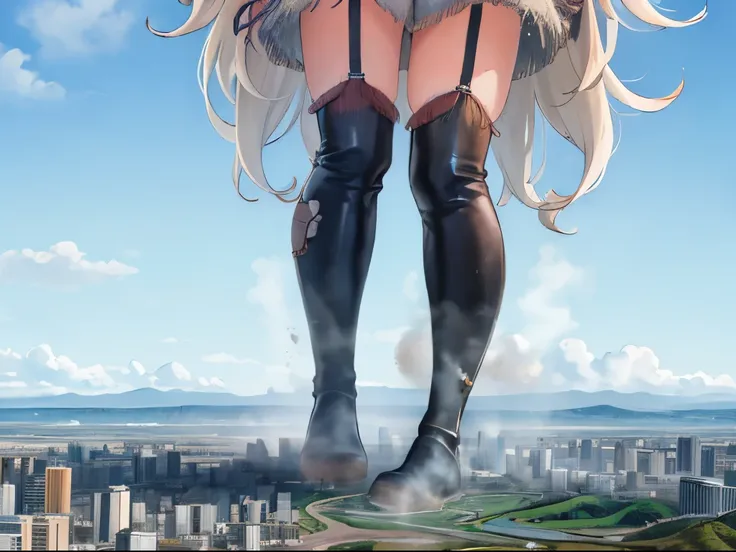 1girll, cow boy shot, Clouds, view over city, mountain ranges, Highly detailed, Giant, destroyed city, A cold expression, Located in a modern miniature city, soaking feet, The feet emit steam, Smash the city, hugebreast, adult, Masterpiece, Best quality