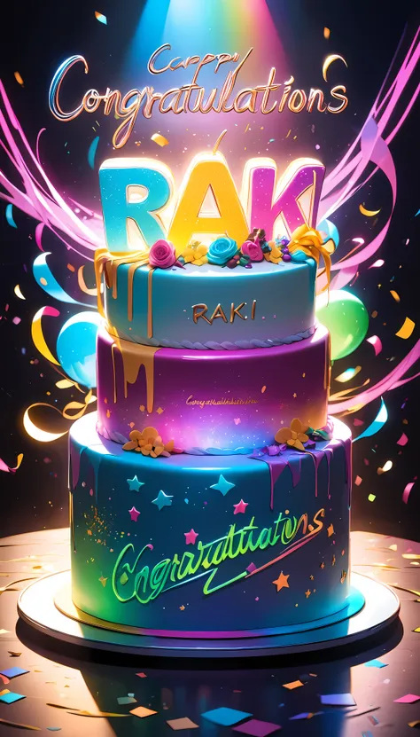 inserting comments, character"congratulations raki"write, soft holographic glow, celebration cake, in the dark, vivid neon glow,...