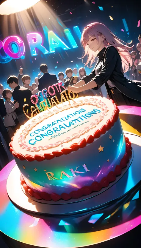 inserting comments, character("congratulations raki")write, soft holographic glow, celebration cake, in the dark, vivid neon glo...