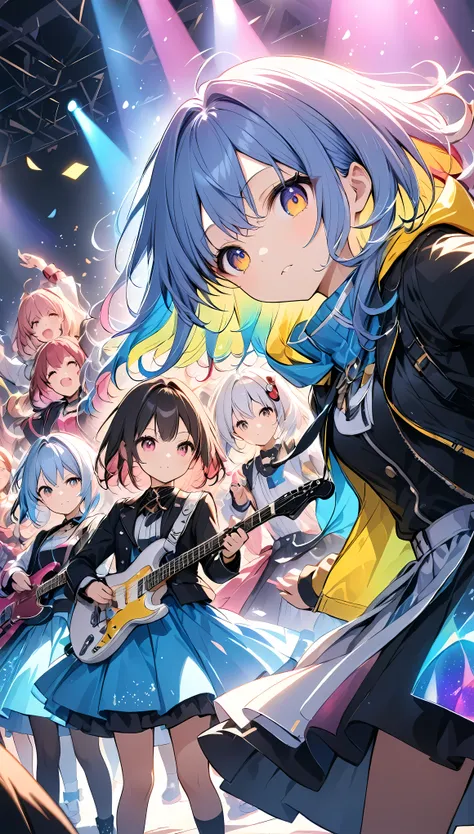 girls rock band, group of 3, colorful and cute costumes, a very dark venue, break (inserting comments, backlit characters"congra...