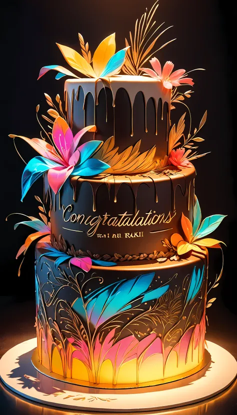 a detailed, elegant birthday cake in a dark setting, glowing with vivid neon lights and soft, warm lighting, the text "congratul...