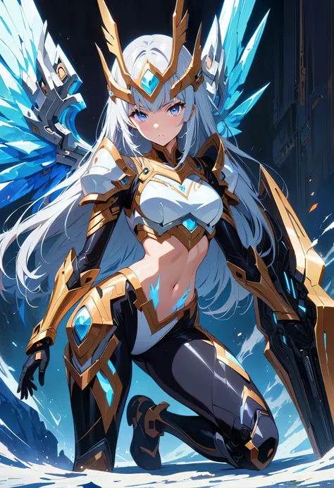 (masterpiece), (best quality), (ultra-detailed), ( 8K) , anime girl wear a Crop Top Armor with shiny black metallic leggings, Ice Elemental, Cyber Russia Background, Violet Frost Aura Body, Archon Power, Silver Frost Hair, Light Gray Eye, Perfect Body, wit...