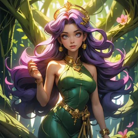 (masterpiece), best quality, 1girl, expressive eyes, perfect face, (purple hair), perfect anatomy, full body, 4k, HDR, full HD, solo, A girl wears a heavenly nature goddess outfit, composed of an emerald green and gold dress, with light fabrics that look l...