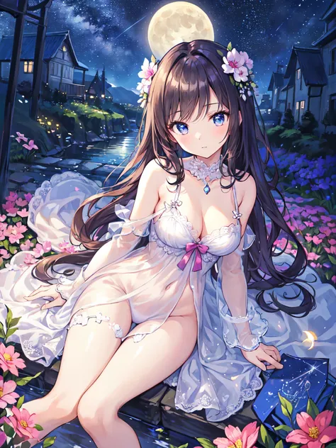 （masterpiece）、(Best Quality)、((Very detailed))、(Very delicate)、Beautiful shiny hair、Beautiful breasts、Gorgeous night dress、Cleavage、Looking up from below、Flower field at night、Wonderful starry sky、Fantastic Moon