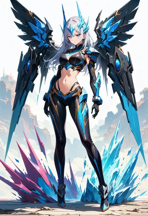 (masterpiece), (best quality), (ultra-detailed), ( 8K) , anime girl wear a Crop Top Armor with shiny black metallic leggings, Ice Elemental, Cyber Russia Background, Violet Frost Aura Body, Archon Power, Silver Frost Hair, Light Gray Eye, Perfect Body, wit...