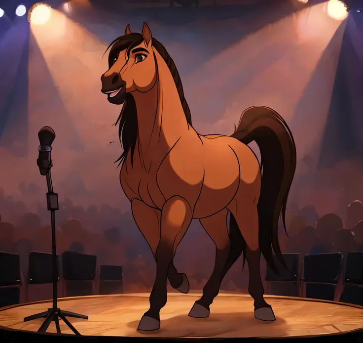 feral horse spirit sings into a microphone on a stand on stage, spotlights, microphone on stage