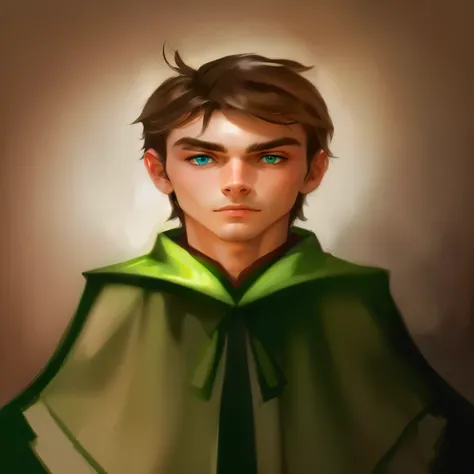 a drawing of a young man with a green cape and blue eyes, closeup character portrait, character portrait closeup, realistic