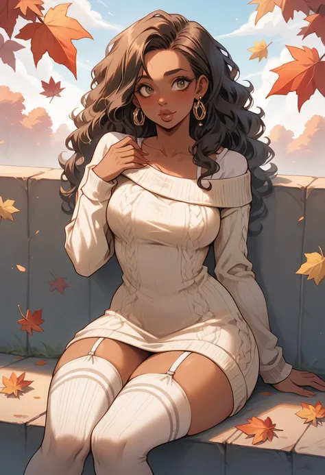 Almond-eyed Dark Mocha-skin tonned African-American woman with long dark curly hair, juicy lips, a large chest, thick thighs, Perfect hands, and perfect feet . She is sitting with her legs crossed and her feet in the foreground. She is wearing a Sweater dr...