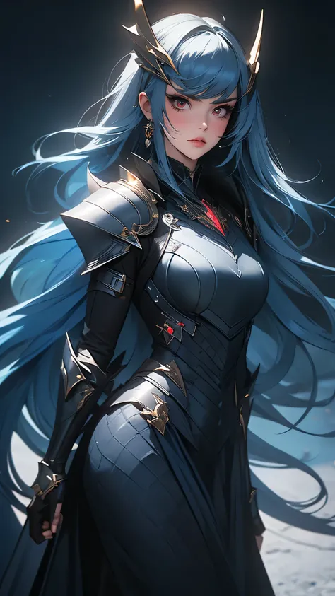 ((Masterpiece)), envision a 8k, highres, cinematic, extremely beautiful semi realistic full body pinup of a beautiful mature lady with a strong face, frown, mean face, slender body, ((long blue hair)),knight armour, blush, angry, side locks,  round face, l...