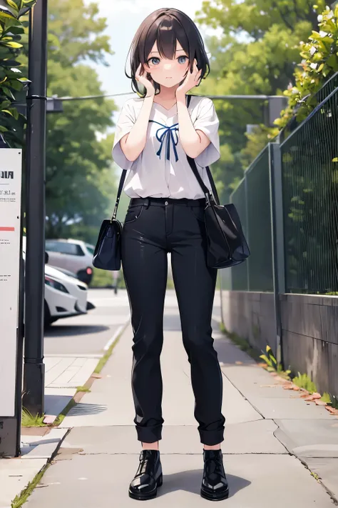 An 1 girl, standing with his hands on his face showing surprise. (full body)