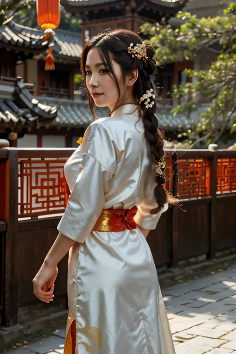 (Chinese Style Bride) 1.2, Chinese style, Traditional Hanfu, Terni Tang, extreme details (1.3), Golden Hairpin, long braid, beautiful face, back view, to smile, plum blossom, bamboo, red lantern, ancient architecture, landscape painting, Tyndall enhancemen...