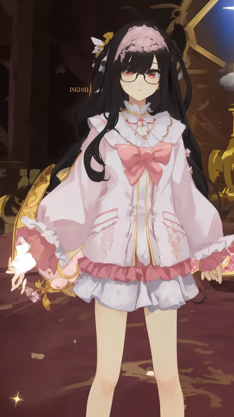 anime girl in a pink dress and glasses standing in a room, ((wearing aristocrat robe)), , white puffy outfit, wearing aristocrat robe, frilly outfit, fluffy chest, wearing fancy clothes, wearing an ornate outfit, ornate attire, cotton cloud mage robes, wea...