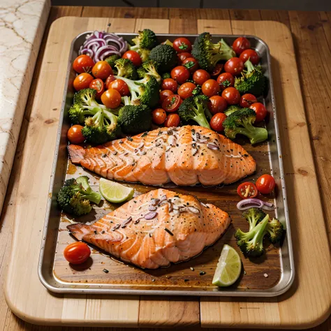 Sheet Pan Salmon with Roasted Vegetables, with   broccoli florets, cherry tomatoes halved and  diced red onion. Zoomed side view with blurred background. The Sheet Pan is on a wooden kitchen table. Real image.