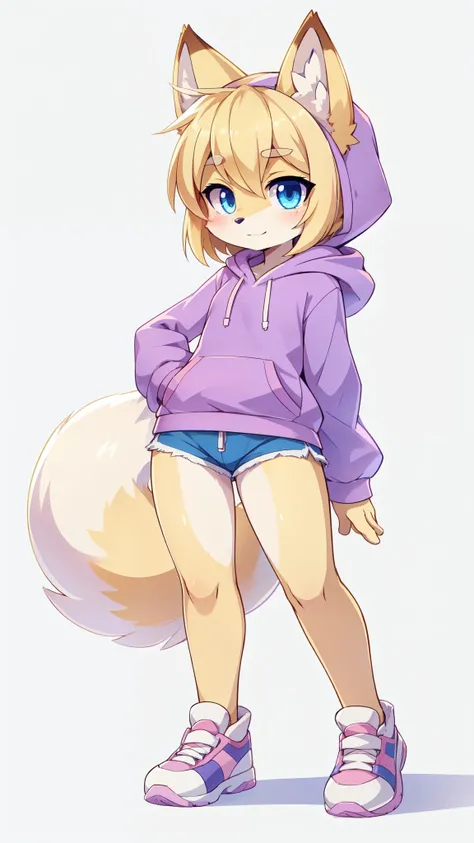 score_9,score_8_up,score_7_up, source_cartoon, source_furry, Furry girl, fox, ((two tone hair, blonde hair pink hair, bob hairstyle, hair over one eye)), blue eyes, fox ears, fox tail, small breasts, detailed body fur, ((lilac hoodie sueter, blue shorts, s...