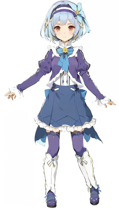 linne from in another worls whit my smartphone, isekai wa smartphone to tomo ni, anime character dressed in a purple and blue outfit with a bow, full body concept, full body with costume, outfit design, anime full body illustration, new costume concept des...