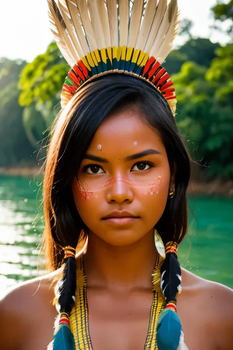 (((SFW))). ((RAW photo, Best quality)), (Realistic, photo-realistic:1.4). On River, A beautiful indigenous girl in native dress with feathers and feathers on her head, (((tribal Painting face))), Full indigenous clothes. amazon indian peoples in brazil, be...