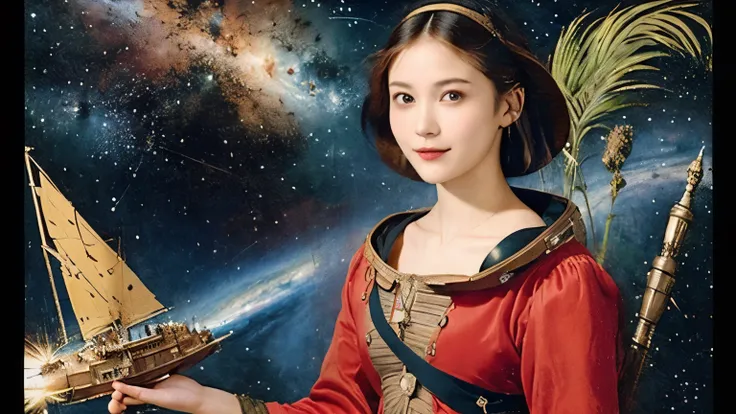 294 (20-year-old woman,short hair,20-year-old male), (A kind smile), ((Spaceship,captain)), (colorful), (Leonardo da Vinci paintings), flower, Space Suit, Pirate Ship, nebula, milky way