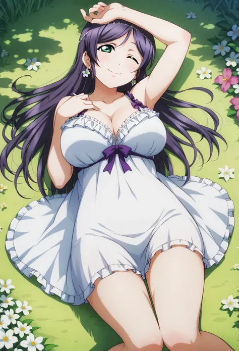 (Masterpiece, Best Quality, High Quality), anime style, love live, nozomi tojo, (green eyes:1.3), dark purple hair, toujo nozomi,long hair, 8k wallpaper, looking at viewer, earrings, (blushing:1.2) , laying on ground, on back, from above,negligee , smile ,...